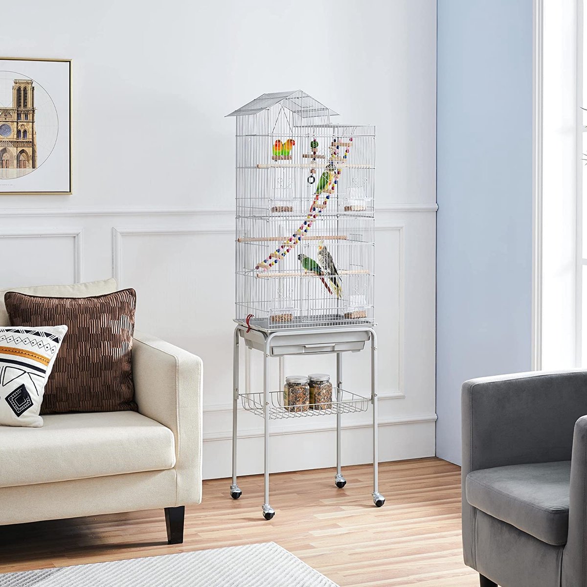 Bol.com Papa Simba Vogelkooi, parkiet, kanaries, kooi met vogelspeelgoed met standaard, 46 x 35,5 x 158,5 cm, lichtgrijs HMTM-BC... aanbieding