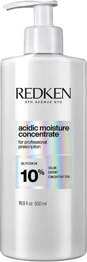 Witte Redken pompflacon met "acidic moisture concentrate" label, 10% glycerine.