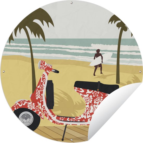 Tuincirkel Illustratie van een rode Vespa op het strand - 60x60 cm - Ronde Tuinposter - Buiten