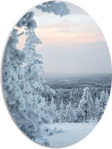 WallClassics - Panneau de mousse PVC ovale - Vue sur paysage de neige Wit - 42x56 cm Photo sur ovale (avec système de suspension)