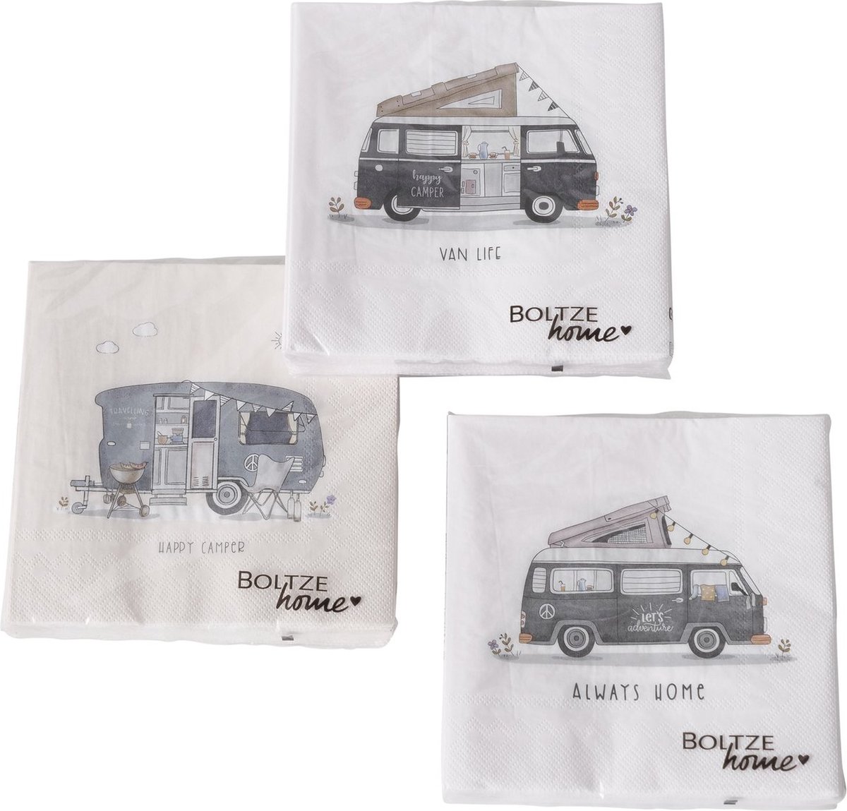 Boltze - Servetten - Set 3 pakken - Vanlife, Always Home & Happy Camper - 3x 20 stuks - 16,5 x 16,5 cm - Papier Servetten