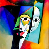 JJ-Art (Canvas) 100x100 | Man en vrouw gezichten - abstract kubisme surrealisme - picasso stijl - kleurrijk - kunst - woonkamer - slaapkamer | Blauw, rood, geel, groen, vierkant, modern | Foto-Schilderij print op Canvas (canvas wanddecoratie)