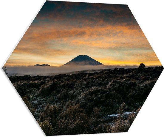 PVC Schuimplaat Hexagon - Vulkaan in de Verte van Prachtitg Landschap - 70x60.9 cm Foto op Hexagon (Met Ophangsysteem)