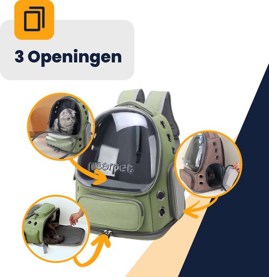 Sac à dos vert pour chat avec dôme transparent et trois ouvertures, montrant des chats sortant des ouvertures.