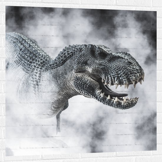 Muursticker - Gevaarlijke T-rex Dinosauris in de Mist (Zwart- wit) - 100x100 cm Foto op Muursticker