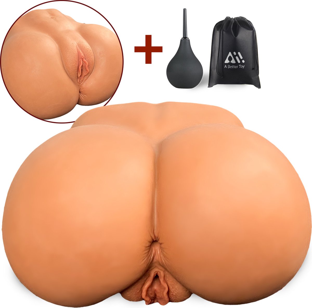Aii 3D Katy Half-Body masturbator + Gratis cleaning Bulb en Opbergtas - Masturbator voor man - Pocket Pussy - 2 in 1 Vagina en Anus - Sex toys voor mannen - Donker getint - Aii