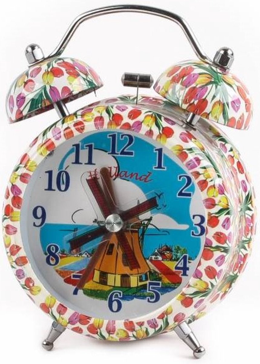 Wekker Holland met tulpen en molen 13 cm hoog
