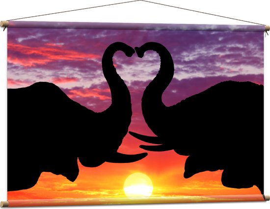 Textielposter - Silhouet van Koppel Olifanten met Hartvormige Slurfen - 120x80 cm Foto op Textiel