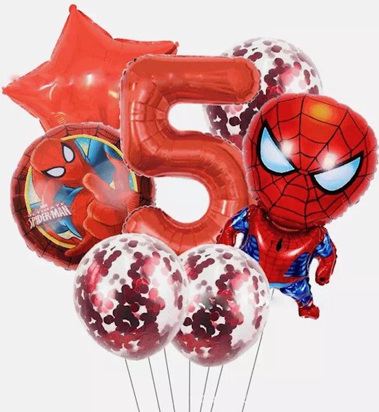 Spiderman ballon - 5 jaar - 7 Stuks - Marvel Avengers - Feestversiering - Kinderfeestje - Verjaardagsfeest Spider man - Helium / Folie Ballon - Blauwe Ballon - Rode Ballon - Happy Birthday
