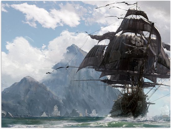 Poster Glanzend – Bergen met Piratenschip - 80x60 cm Foto op Posterpapier met Glanzende Afwerking
