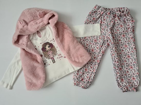 meisje kleding - kleding set - meisje - 3 delige set - roze - broekje - sweatshirt - bodywarmer - met capuchon - 92/98 maat - baby girl