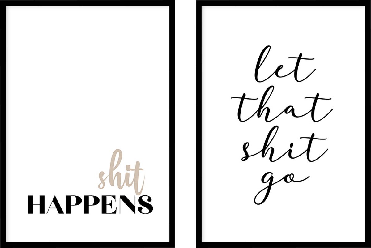 Poster Shit Happens en Let Go - WC Posters - Inclusief lijsten - 21x30 cm - A4 - Ingelijst - WALLLL