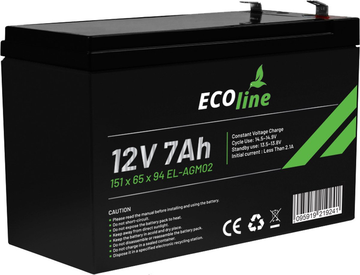 EcoLine - AGM 12V 7AH - 7000mAh VRLA Batterij - 151 x 65 x 94 - Deep Cycle Accu