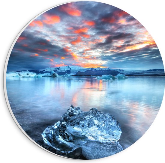 WallClassics - Cercle Mural en Plaque de Mousse PVC - Ciel Multicolore sur Paysage d'Islande avec Rochers - 20x20 cm Photo sur Cercle Mural (avec système d'accrochage)