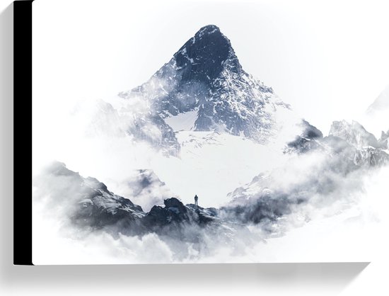 WallClassics - Canvas - Man in de Mist bij Hoge Berg - 40x30 cm Foto op Canvas Schilderij (Wanddecoratie op Canvas)