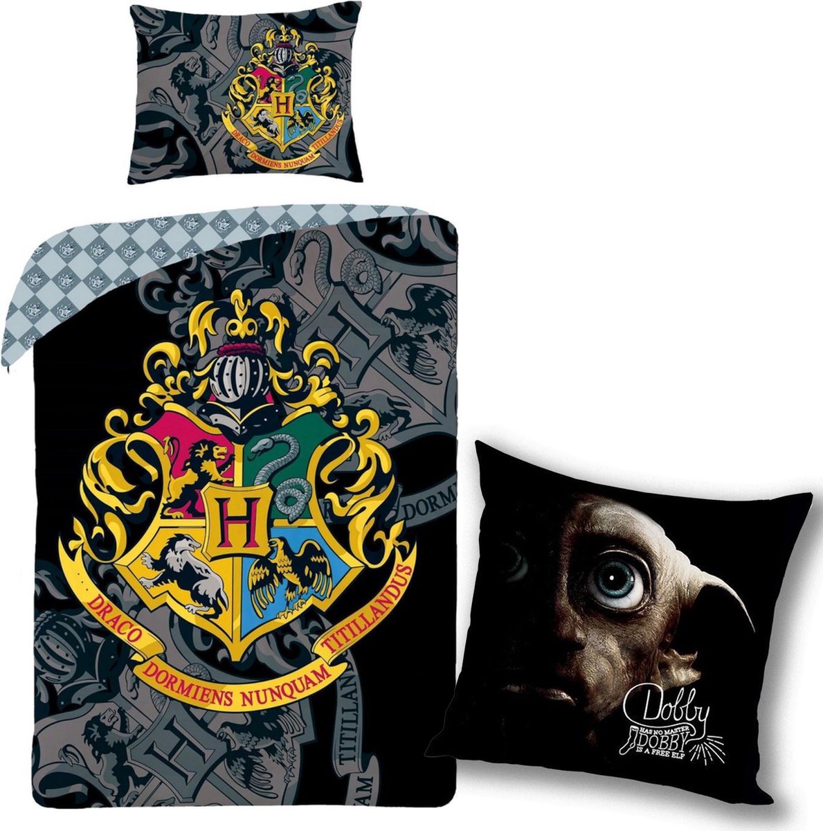 Harry Potter Dekbedovertrek- Katoen- 1persoons- 140x200- Dekbed Hogwarts Logo -Zwart, incl. Harry Potter Dobby - Sierkussen 40 x 40