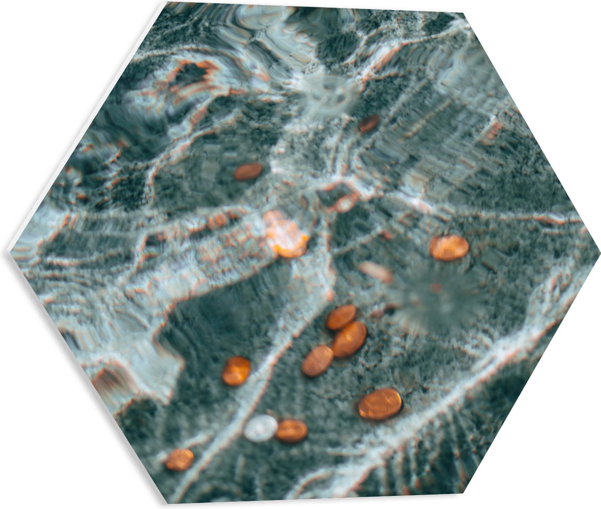 PVC Schuimplaat Hexagon - Kleingeld op Bodem van Fontein - 50x43.5 cm Foto op Hexagon (Met