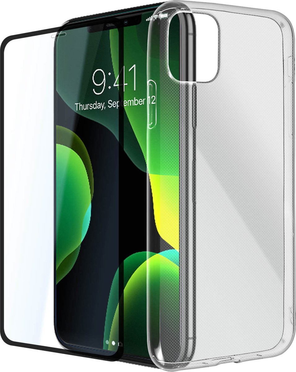 Avizar Hoesje Geschikt voor iPhone 11 Siliconen Flexibel met Gehard Glas 9H, Zwart