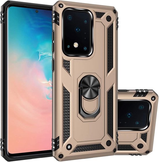 Ring Armor hoesje Geschikt voor Samsung Galaxy S20 Ultra - Goud - Draaibare standaard - Magneet - ZT Accessoires