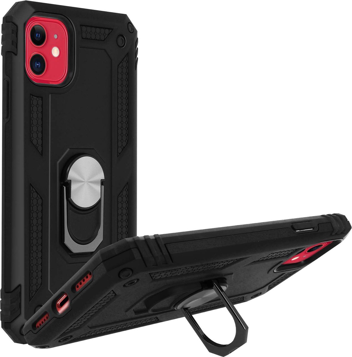 Avizar Hoesje Geschikt voor iPhone 11 Schokbestendig met Ringhouder Standfunctie, Zwart