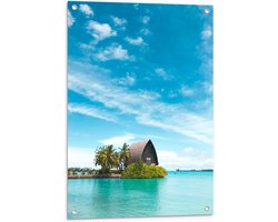 WallClassics - Tuinposter – Hotel op het Water - Malediven - 60x80 cm Foto op Tuinposter (wanddecoratie voor buiten en binnen)
