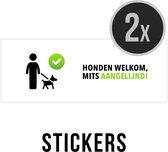 Pictogram/ sticker | "Honden welkom, mits aangelijnd!" | 14 x 4 cm | Viervoeter | Dogs | Trouwe viervoeter | Ingang | Nederlands | Dieren | Witte folie | Brievenbus | Raamsticker | 2 stuks