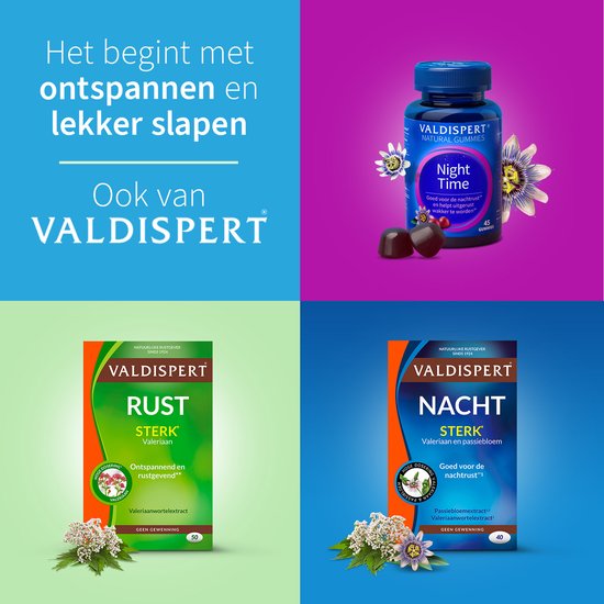 Collage van Valdispert producten: gummies, Rust en Nacht verpakkingen.