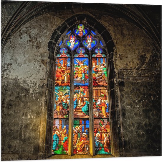 WallClassics - Vlag - Glas-in-lood Raam in de Notre-Dame Kerk - 80x80 cm Foto op Polyester Vlag