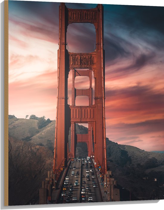 WallClassics - Hout - Brug over het Water - San Francisco - 75x100 cm - 9 mm dik - Foto op Hout (Met Ophangsysteem)