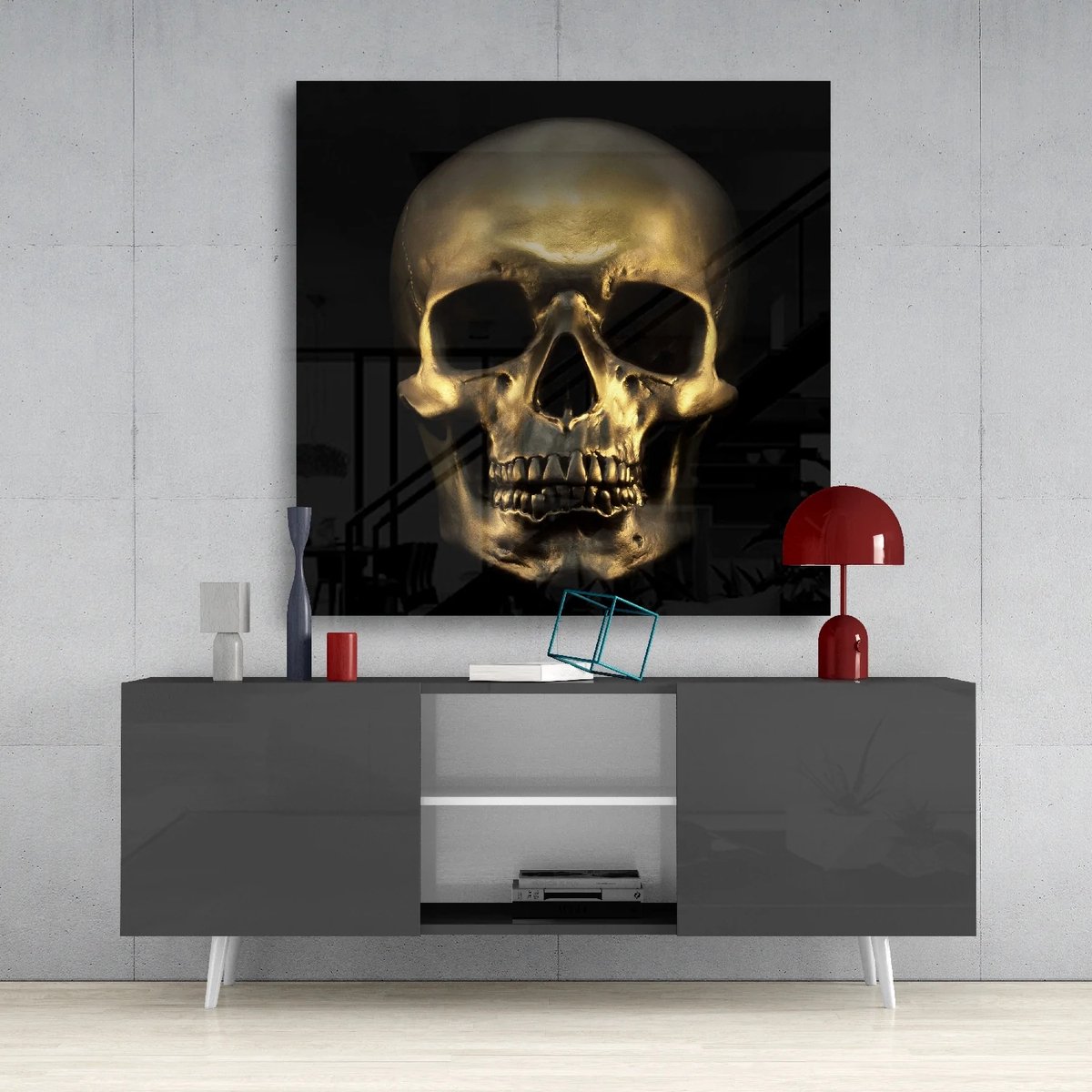 Insigne Art Insigne Glazen Schilderijen - Schedel - Gouden Schedel Glasschilderij Zwart