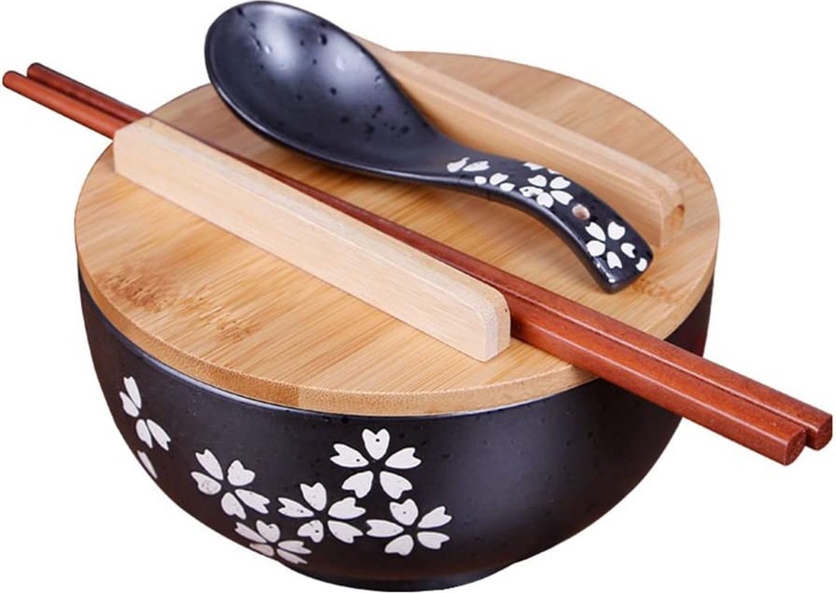 Japanse keuken servies Koreaanse vintage kom noedels rijstschaal Japanse stijl zwart keramiek instant noedelkom eetstokjes met deksel en lepel keukenbenodigdheden