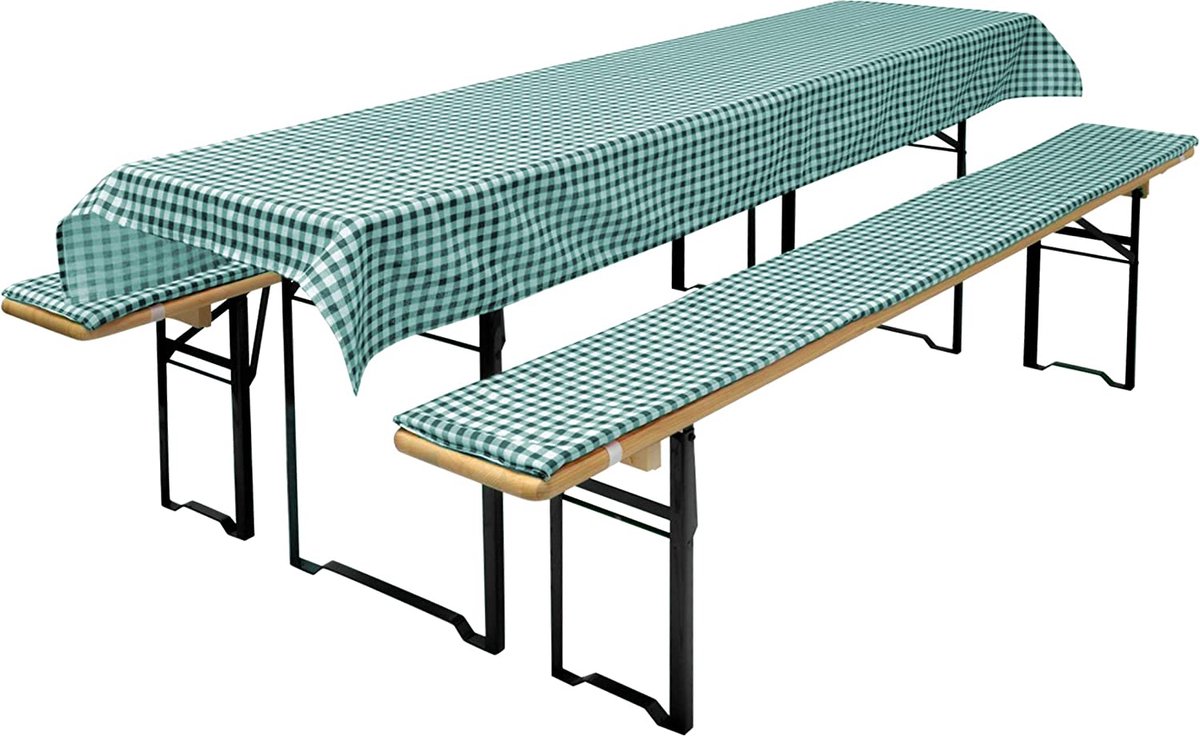 Brandsseller Bierbank editie (gevoerd) & tafelkleed in 3-delige set voor alle gangbare biertentsets - 2 x kussens 110 x 25 x 1,6 cm & 1 x tafelkleed 130 x 70cm, kleur: groen/geruit