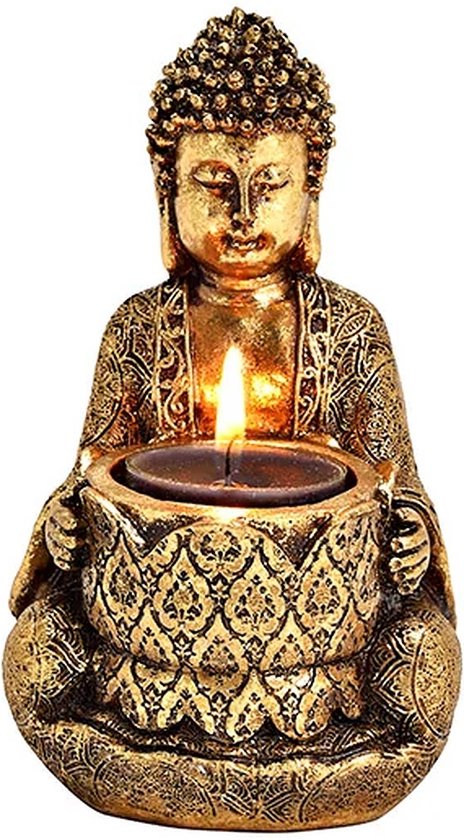 Boeddha - Buddha - Waxinelichthouder - Goudkleurige Boeddha met waxinelichthouder