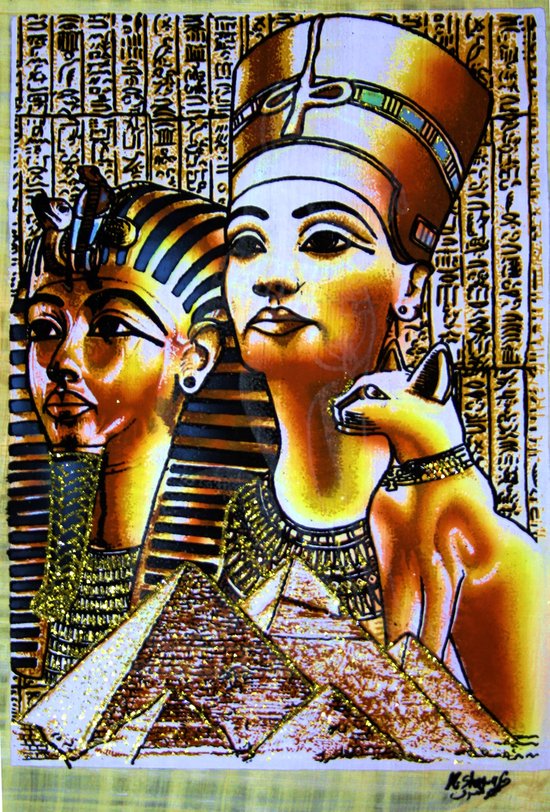 Egyptische papyrus met afbeelding van Koningin Nefertiti en Koning Toetanchamon