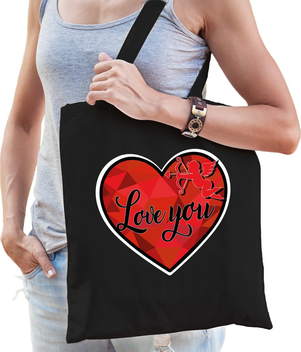 Bellatio Decorations Cadeau tasje valentijn - Love you - zwart katoen