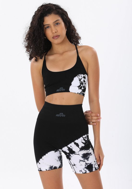 Mives® Sportlegging en Top - Yoga - Fitness set - Scrunch Butt - Dames Legging - Sportkleding - Fashion legging - Broeken - Gym Sports - Legging Fitness Wear - High Waist - ZWART BATIK - maat M -SHORT & BRA