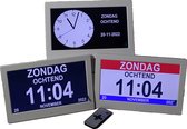 Dementieklok - Kalenderklok - seniorenklok -Digitaal/Analoog - 8 inch formaat- met dag, datum en tijdaanduiding - keuze uit 3 scherm mogelijkheden in 1 klok- Wit