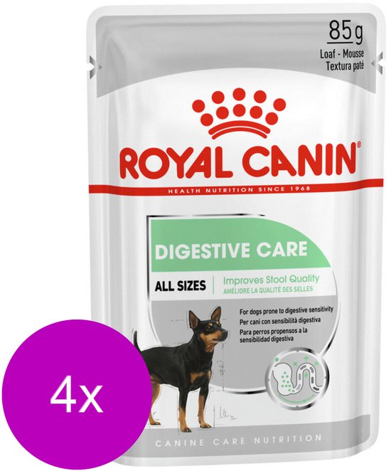 Zakje Royal Canin Digestive Care met een hond erop en een paarse cirkel met "4x".