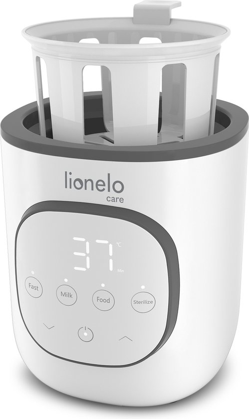 Witte Lionelo flesverwarmer met grijs accent, digitaal display en sterilisatiemandje.