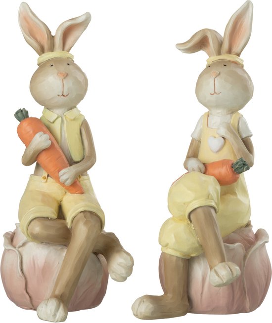 Valery Madelyn Set van 2 paashaas in Polyresin met mos 15 / 20cm Pasen decoratie beeldje en beeldje van paashazen Lente decoratie voor Pasen Home Garden