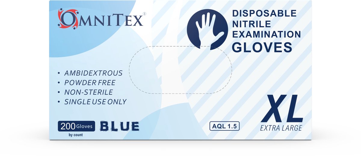 Goedkoopste Omnitex Premium 200st. Blauwe Nitrilhandschoenen | Maat XL | Poedervrij | Latexvrij | Voedselveilig | EN455 EN374 EN420 | CE & UKCA Cat3-klasse