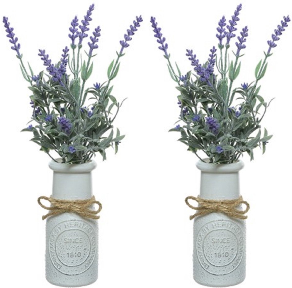 Decoris Lavendel kunstplant - 2x stuks - in witte pot - paars - H32 cm - lavandula