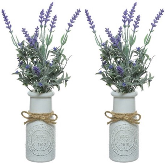 2x stuks paarse Lavandula/lavendel kunstplant 32 cm in witte pot - Kunstplanten/nepplanten