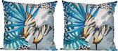 2x Canapé/coussins décoratifs pour intérieur et extérieur imprimé feuilles de palmier bleu 45 x 45 cm - Coussins de Jardin/ maison