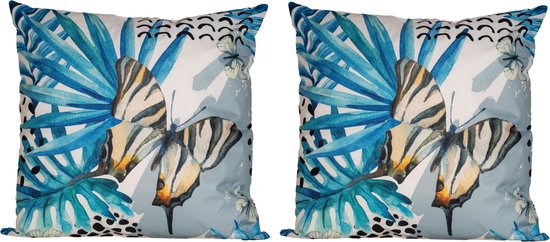2x Bank/sier kussens voor binnen en buiten blauwe palm bladeren print 45 x 45 cm - Tuin/huis kussens