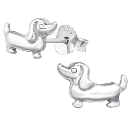 Joy|S - Zilveren hond oorbellen - 10 x 6 mm - teckel oorknoppen - egaal zilver