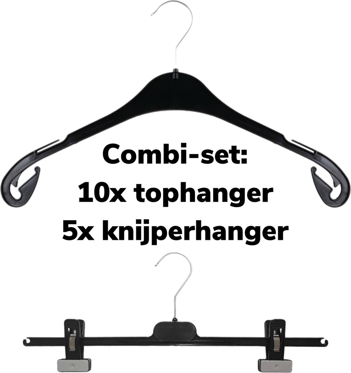 TopHangers [Combi-set] - Voordelige set van 10 stuks zwarte kunststof tophangers en 5 stuks knijperhangers | tophangers met inkepingen voor topjes en verschuifbare anti-slip knijpers met zachte rubber kussentjes