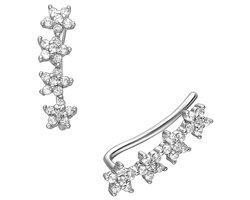 EAR IT UP - Oorklimmers - Bloem - Flower - Ear climbers - Earclimbers - Ear crawlers - Gerhodineerd zilver - Zirkonia - Pavézetting - 14 x 4 mm - 1 paar