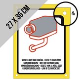 Pictogram/ bord alu di-bond| Camerabewaking Wetgeving maart 2007 | 27 x 36 cm | 4 talen | Met hechtingsgaten | Geel | NL/ FR/ ENG/ DE | Wettelijk verplicht | CCTV | Législation sur la surveillance par caméra | Engels | Frans | Duits | 1 stuk