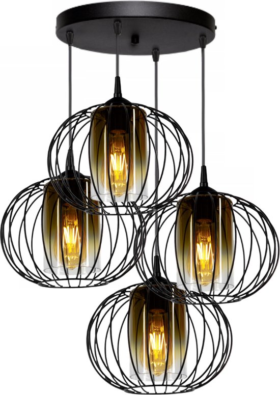 Hanglamp – Plafondlamp Industrieel Met 4 Draad/Glas-kappen Zwart Goud / Transpirant
